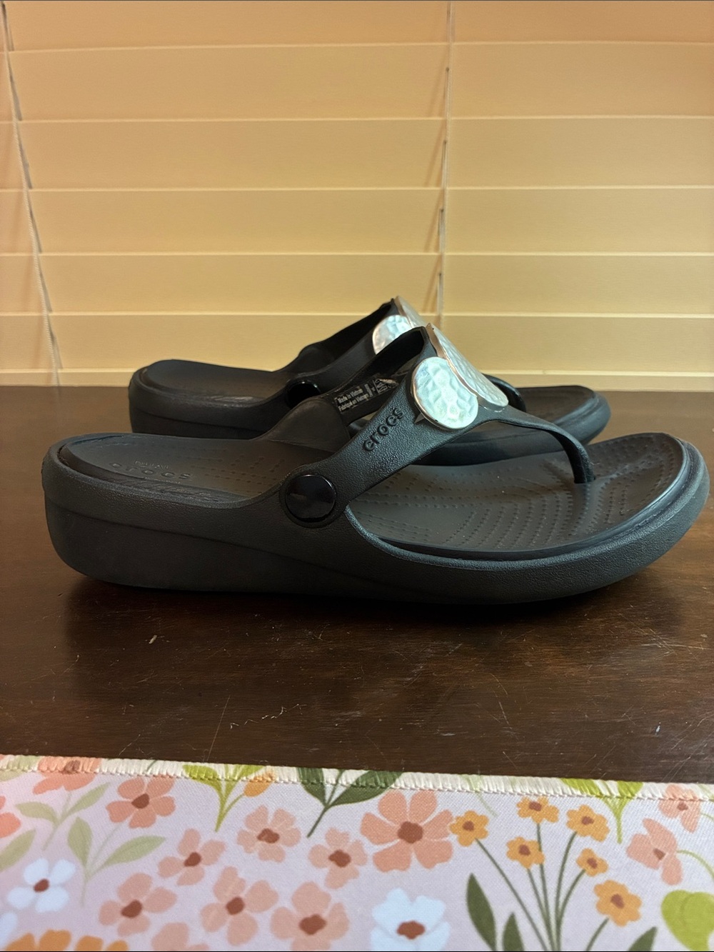 CROCS Black Platform Thong Sandals with Silver Medallion